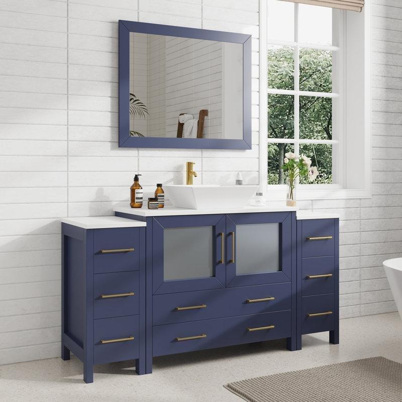 Mavi Masif Ahşap Mermer Tezgahlı Aynalı 8 Çekmeceli Banyo Lavabo Dolabı - 153 cm - 201566