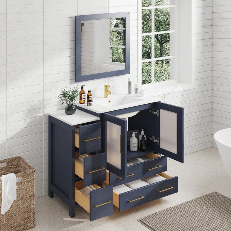 Mavi Masif Ahşap Seramik Tezgahlı Aynalı ve Çekmeceli Banyo Lavabo Dolabı - 107 cm - 201657