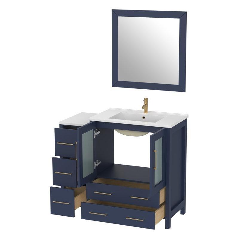 Mavi Masif Ahşap Seramik Tezgahlı Aynalı ve Çekmeceli Banyo Lavabo Dolabı - 107 cm - 201657