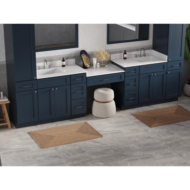 Mavi Masif Huş Ağacı Carrara Kuvars Tezgahlı İkili Lavabolu Yavaş Kapanır Banyo Dolabı Seti - 338 cm - 198500