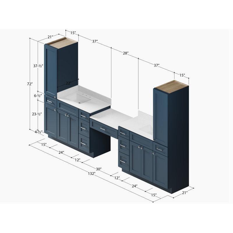 Mavi Masif Huş Ağacı Carrara Kuvars Tezgahlı İkili Lavabolu Yavaş Kapanır Banyo Dolabı Seti - 338 cm - 198500