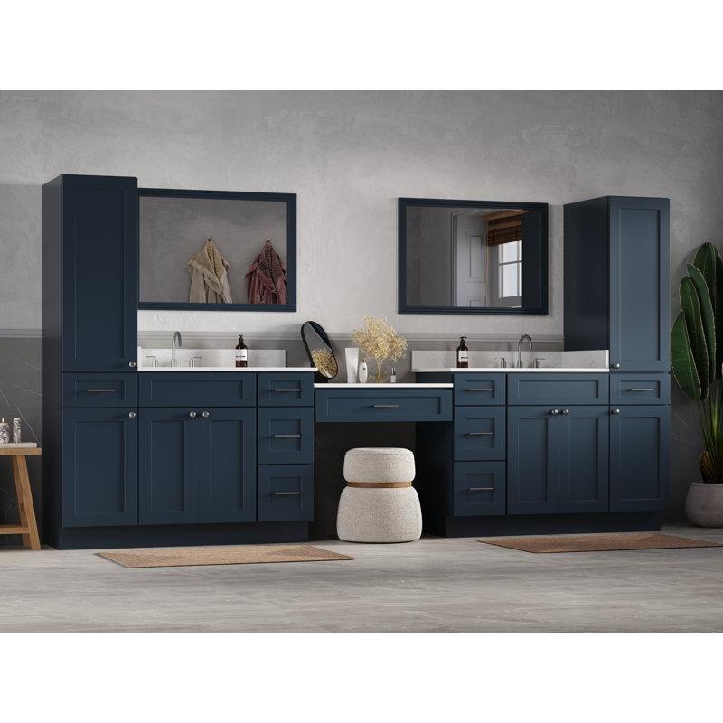 Mavi Masif Huş Ağacı Carrara Kuvars Tezgahlı İkili Lavabolu Yavaş Kapanır Banyo Dolabı Seti - 338 cm - 198500