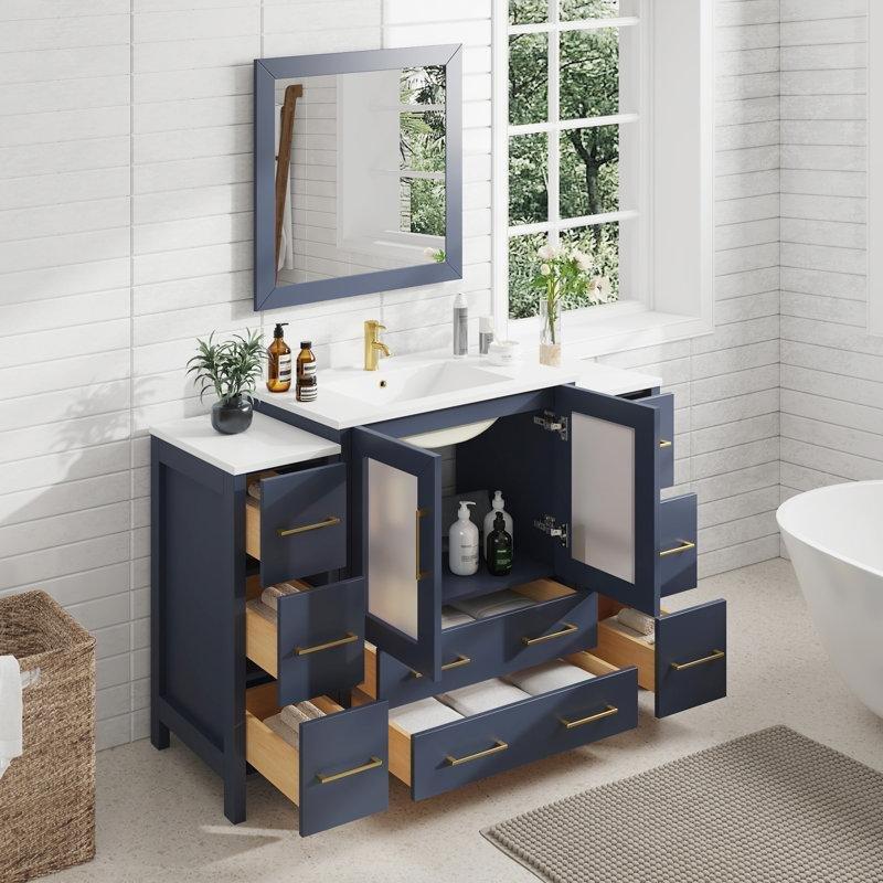 Mavi Masif Kavak Ağacı Aynalı Seramik Tezgahlı Çekmeceli Banyo Lavabo Dolabı - 138 cm - 201410