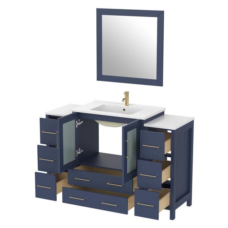 Mavi Masif Kavak Ağacı Aynalı Seramik Tezgahlı Çekmeceli Banyo Lavabo Dolabı - 138 cm - 201410