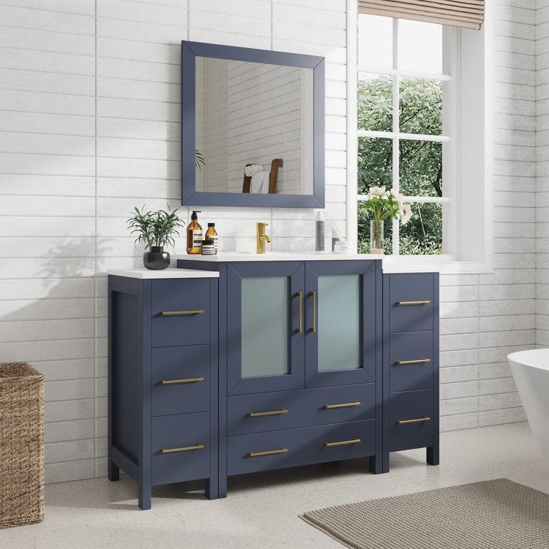 Mavi Masif Kavak Ağacı Aynalı Seramik Tezgahlı Çekmeceli Banyo Lavabo Dolabı - 138 cm - 201410