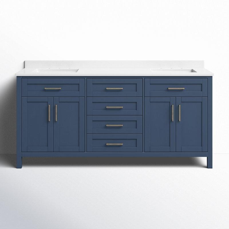 Mavi Masif ve Endüstriyel Ahşap İkili Mermer Tezgahlı Banyo Lavabo Dolabı - 183 cm - 200635