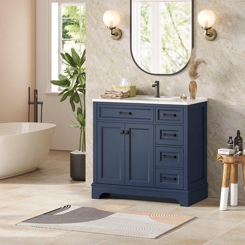 Mavi MDF Çift Kapaklı İki Çekmeceli Ayaklı Banyo Lavabo Dolabı - 91 cm - 198973