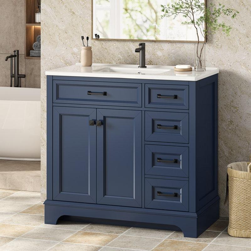 Mavi MDF Çift Kapaklı İki Çekmeceli Ayaklı Banyo Lavabo Dolabı - 91 cm - 198973