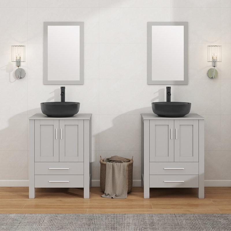 Mavi MDF Gold Kulplu Aynalı Çanak Lavabolu Banyo Lavabo Dolabı - 61 cm - 200466