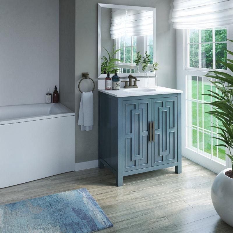 Mavi MDF Mermer Tezgahlı Çift Kapaklı Banyo Lavabo Dolabı - 76 cm - 200489