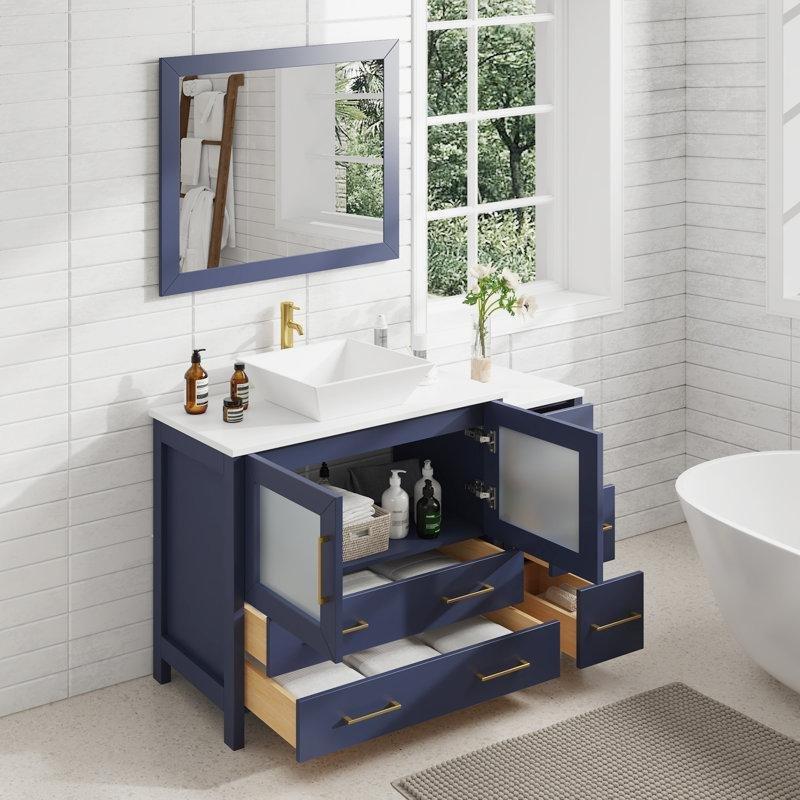 Mavi Mermer Tezgahlı Masif Ahşap Aynalı ve Çekmeceli Banyo Lavabo Dolabı - 122 cm - 201421