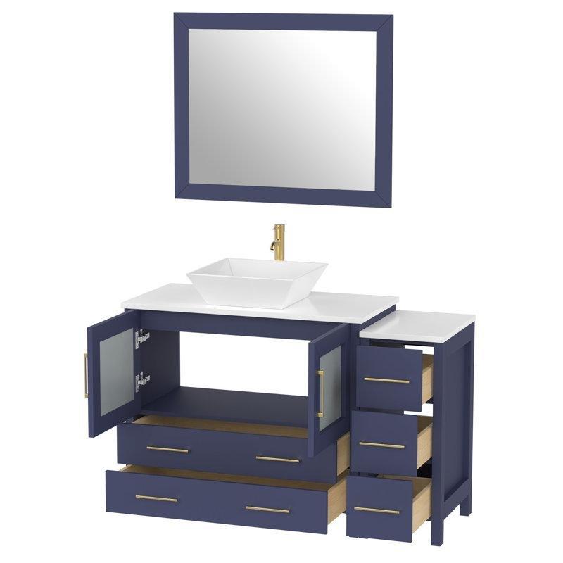 Mavi Mermer Tezgahlı Masif Ahşap Aynalı ve Çekmeceli Banyo Lavabo Dolabı - 122 cm - 201421