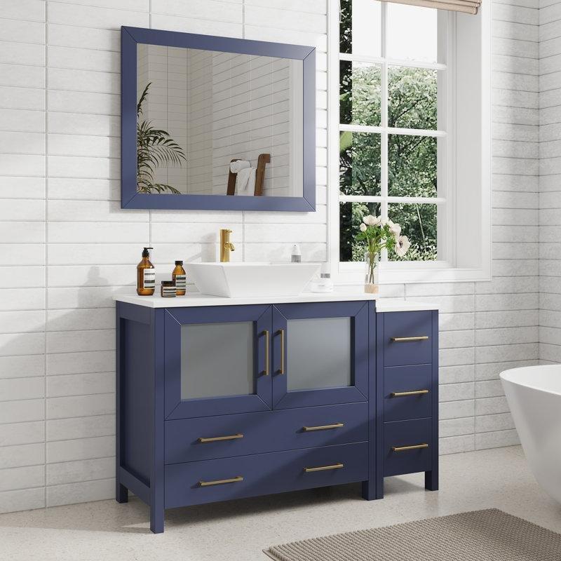 Mavi Mermer Tezgahlı Masif Ahşap Aynalı ve Çekmeceli Banyo Lavabo Dolabı - 122 cm - 201421