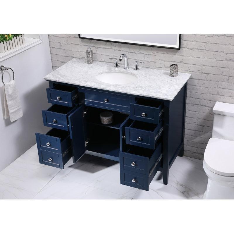 Mavi Mermer Tezgahlı Masif ve Endüstriyel Ahşap Ayaklı Banyo Lavabo Dolabı - 122 cm - 199577
