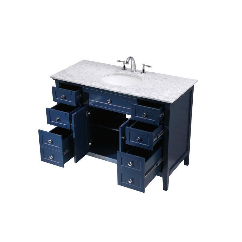 Mavi Mermer Tezgahlı Masif ve Endüstriyel Ahşap Ayaklı Banyo Lavabo Dolabı - 122 cm - 199577