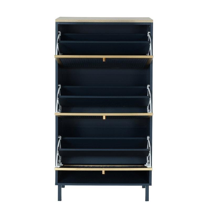 Mavi Metal ve Ahşap Rattan Desenli 3 Kapaklı Ayakkabılık - 61x24x126 cm - 229198