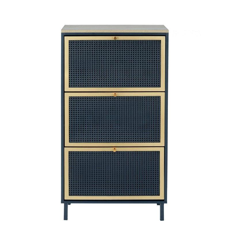 Mavi Metal ve Ahşap Rattan Desenli 3 Kapaklı Ayakkabılık - 61x24x126 cm - 229198