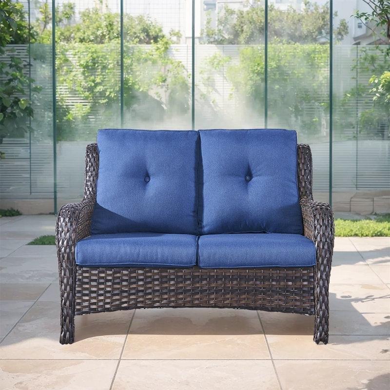 Mavi Minderli Kahverengi PE Rattan Dış Mekan İkili Koltuk - 130 cm - 205940