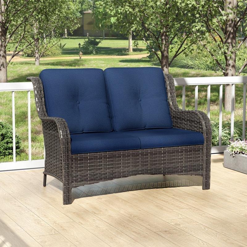 Mavi Minderli Kahverengi Rattan Dış Mekan İkili Koltuk - 125 cm - 205891