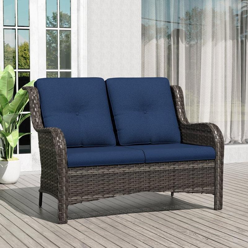 Mavi Minderli Kahverengi Rattan Dış Mekan İkili Koltuk - 125 cm - 205891