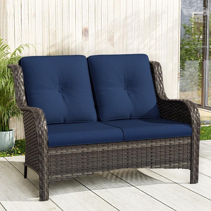 Mavi Minderli Kahverengi Rattan Dış Mekan İkili Koltuk - 125 cm - 205891