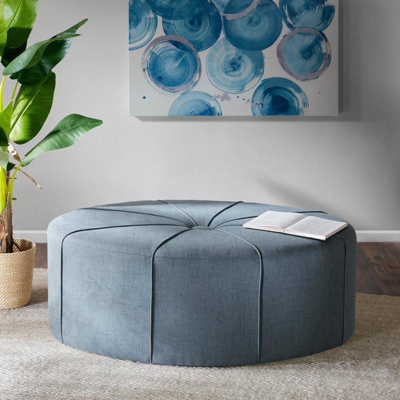 Mavi Polyester Kapitoneli Oval Masif Ahşap Puf - 124x83 cm - 165043