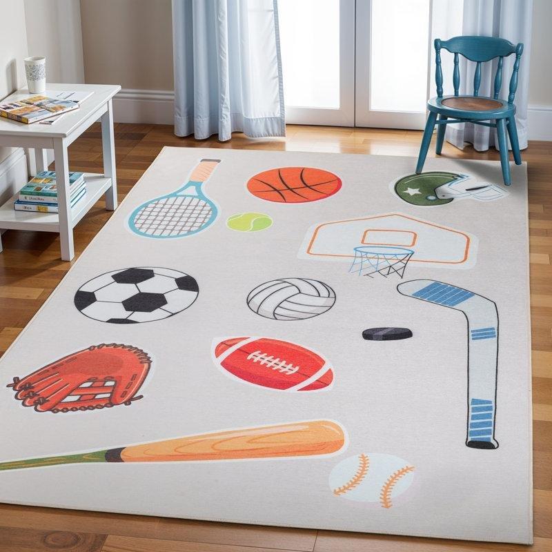 Mavi Polyester Kaymaz Tabanlı Yıkanabilir Spor Temalı Oyun Halısı - 183x274 cm - 182537
