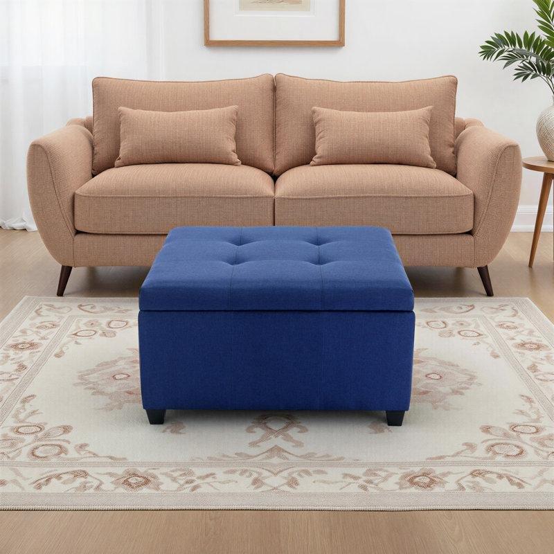 Mavi Polyester Kumaş Baklava Dikişli Huş Ağacı Ayaklı Sandıklı Puf - 89x89 cm - 165004