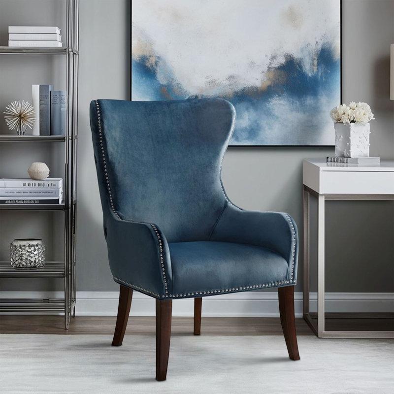 Mavi Polyester Kumaş Masif Ahşap Kapitoneli Zımba Detaylı Kulaklı Tekli Koltuk - 204349