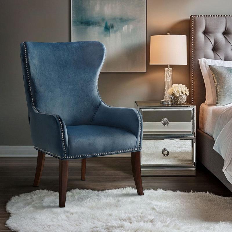 Mavi Polyester Kumaş Masif Ahşap Kapitoneli Zımba Detaylı Kulaklı Tekli Koltuk - 204349