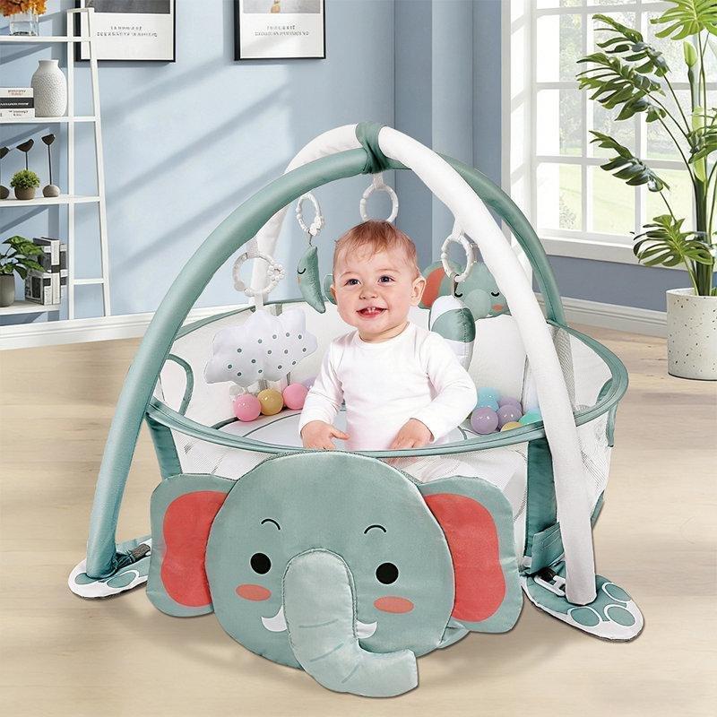 Mavi Polyester Pamuk Fil Temalı Top Havuzlu 5 Oyuncaklı Oyun Halısı - 71x71 cm - 182255