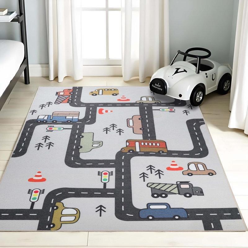 Mavi Polyester Yıkanabilir Kaymaz Tabanlı İnşaat Temalı Oyun Halısı - 183x275 cm - 182617