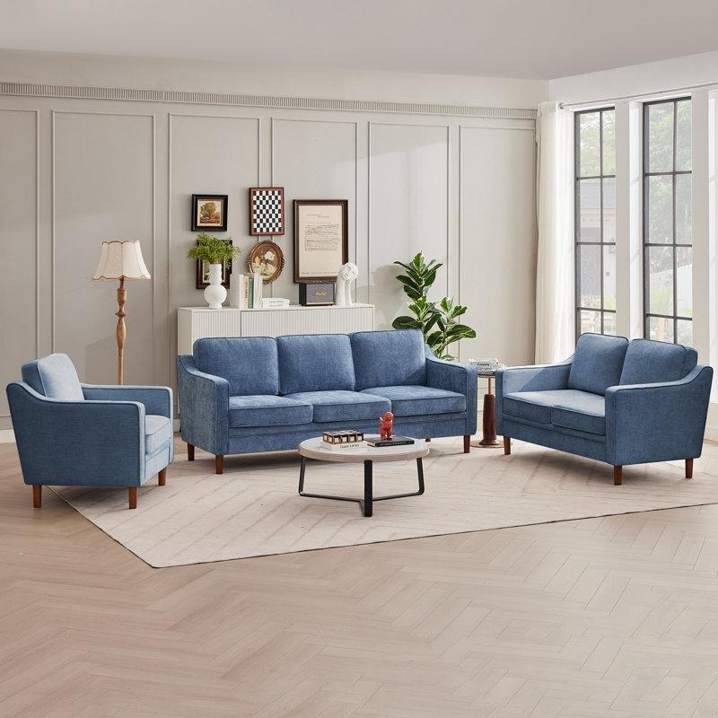 Mavi Şönil Kumaş Masif Ahşap Ayaklı 3 Parça Koltuk Takımı - 192543