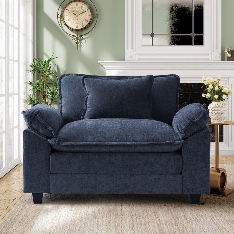 Mavi Şönil Kumaş Masif Ahşap İskeletli Geniş Kırlentli Tekli Koltuk - 126 cm - 202812