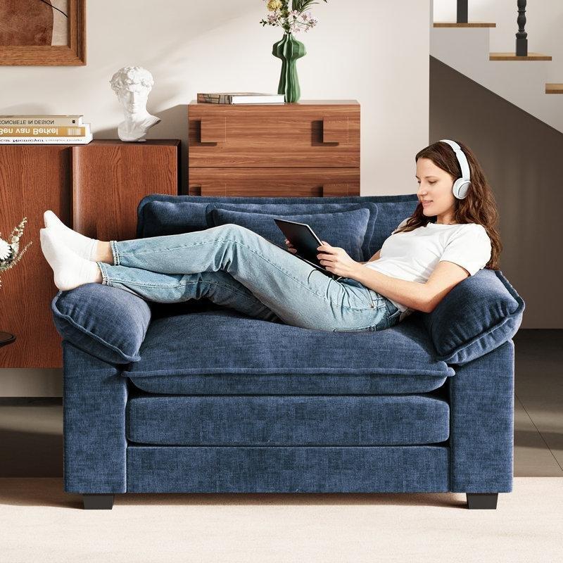 Mavi Şönil Kumaş Masif Ahşap İskeletli Geniş Kırlentli Tekli Koltuk - 126 cm - 202812