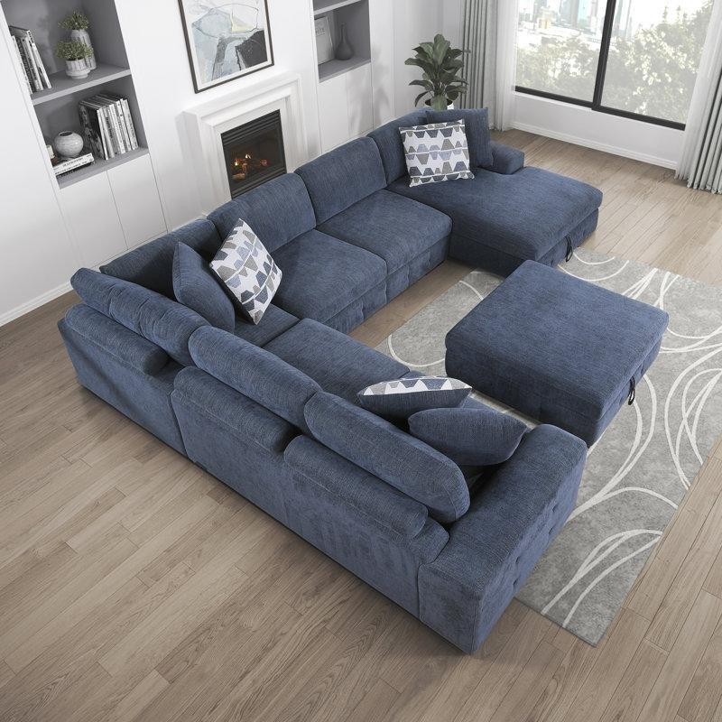 Mavi Şönil Kumaş Yataklı ve Sandıklı Ahşap Ayaklı U Köşe Koltuk Takımı - 364x285 cm - 194755