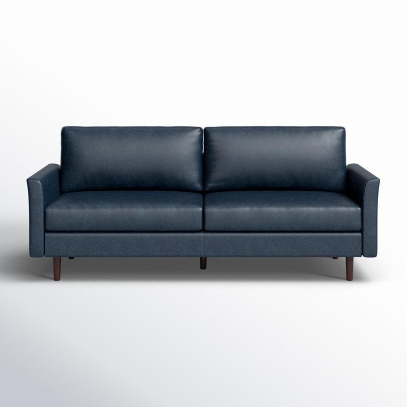 Mavi Suni Deri Masif Ahşap Ayaklı Dışa Açılan Kolçaklı 3 Kişilik Koltuk - 204 cm - 196949