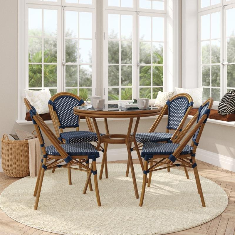 Mavi ve Kahverengi Rattan Bambu Görünümlü İstiflenebilir 4 Kişilik Bahçe Masa Takımı - 215624