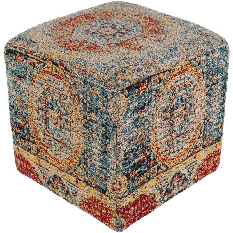 Mavi ve Sarı Soyut Desenli Kumaş Kare Puf - 46x46 cm - 164782