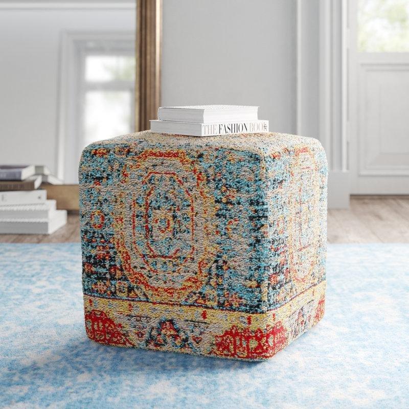 Mavi ve Sarı Soyut Desenli Kumaş Kare Puf - 46x46 cm - 164782