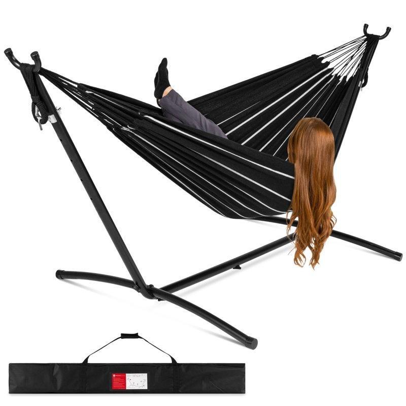 Mavi Yeşil Çizgili Polyester Taşıma Çantalı Çift Kişilik Ayaklı Hamak - 293 cm - 178513
