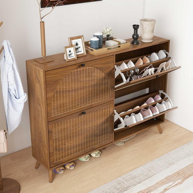 MDF 4 Düşer Kapaklı Yivli Panelli Dar Ayakkabılık - 120x24x91 cm - 227896