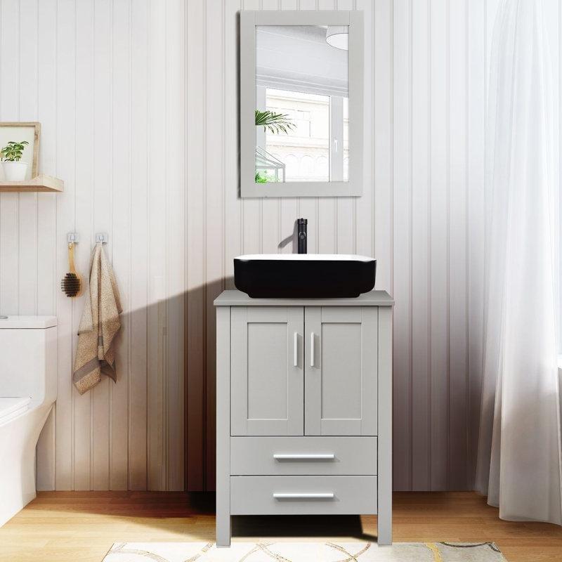 MDF Aynalı Çekmeceli Ayaklı Çanak Lavabolu Banyo Dolabı Seti - 61 cm - 200072