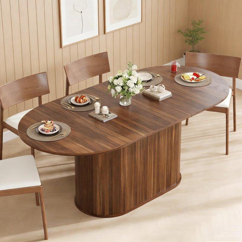 MDF Kaide Ayaklı Çizgili Tasarım Açılabilir Oval Bohem Yemek Masası - 140-180 cm - 237423