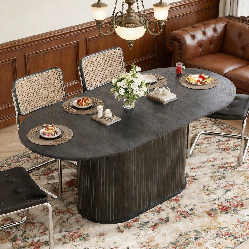 MDF Kaide Ayaklı Çizgili Tasarım Açılabilir Oval Bohem Yemek Masası - 140-180 cm - 237423