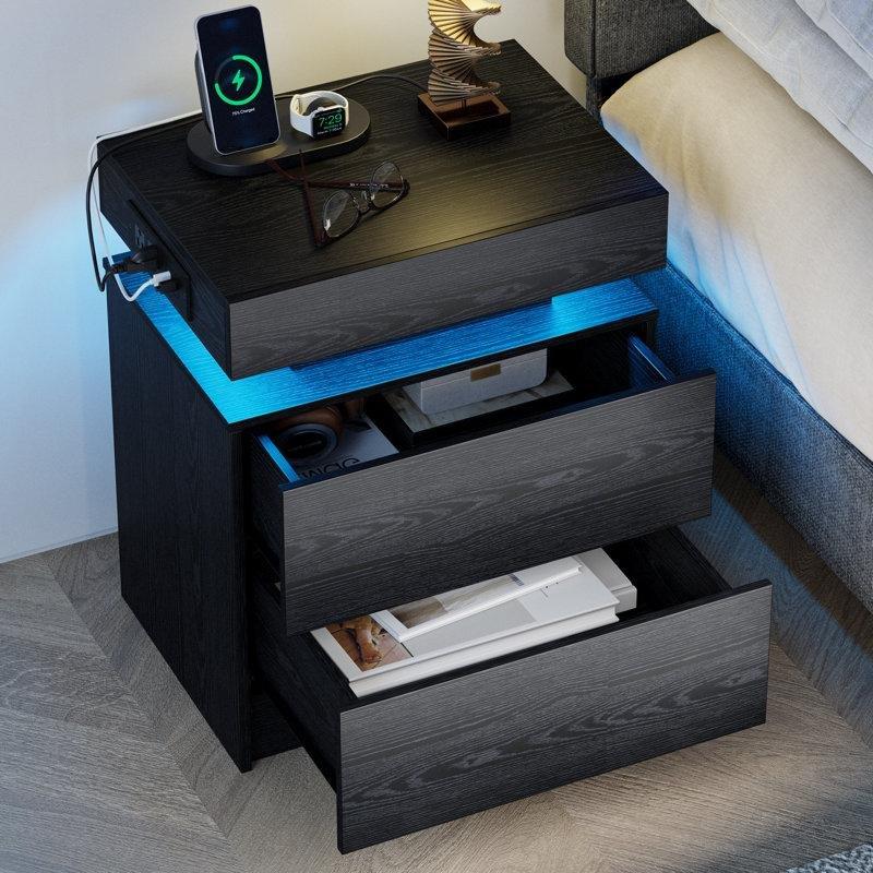 MDF LED Aydınlatmalı ve USB Şarj Portlu İki Çekmeceli Komodin - 224614