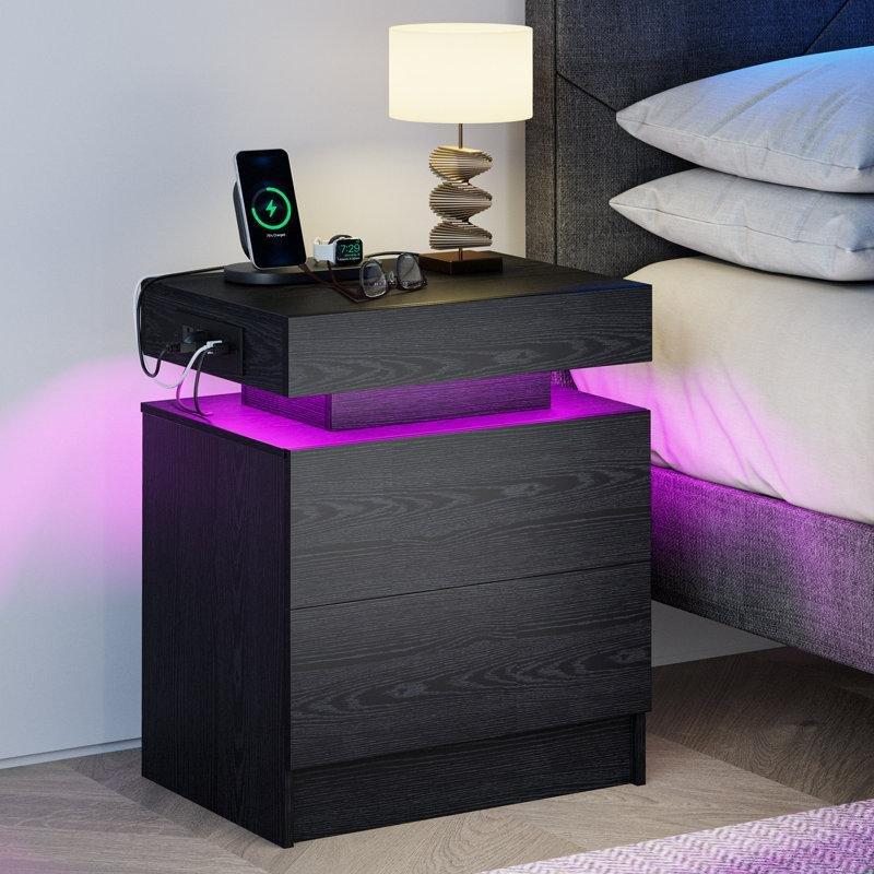MDF LED Aydınlatmalı ve USB Şarj Portlu İki Çekmeceli Komodin - 224614