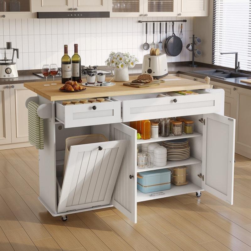 MDF Prizli Açılır Kapanır Tablalı Çekmeceli Tekerlekli Mutfak Adası - 153 cm - 176500