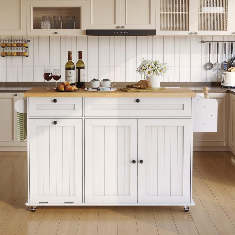 MDF Prizli Açılır Kapanır Tablalı Çekmeceli Tekerlekli Mutfak Adası - 153 cm - 176500