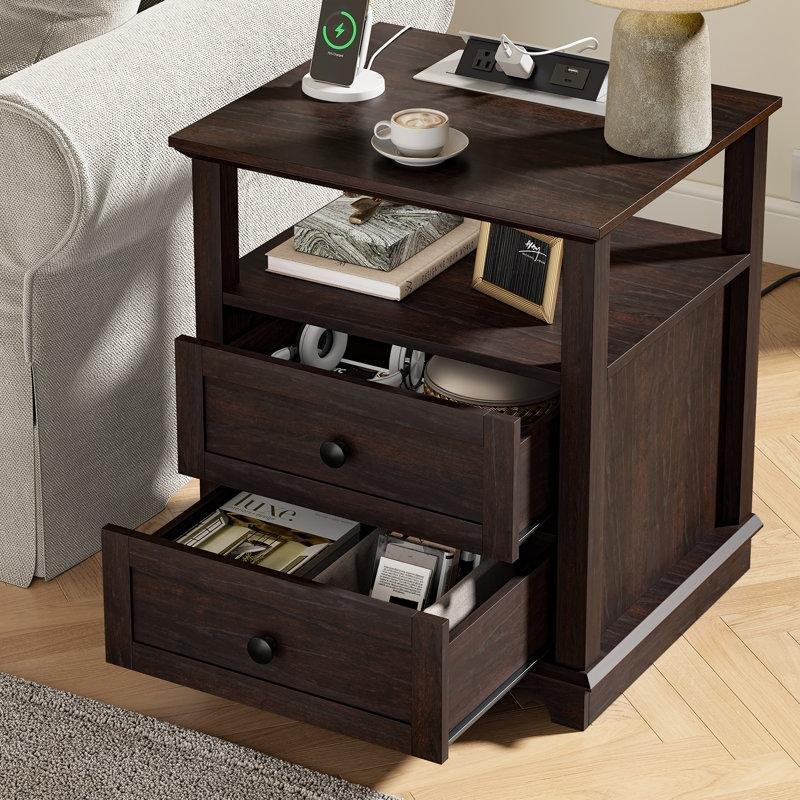 MDF Prizli ve USB Girişli İki Çekmeceli Raflı Komodin - 54x46x61 cm - 223402